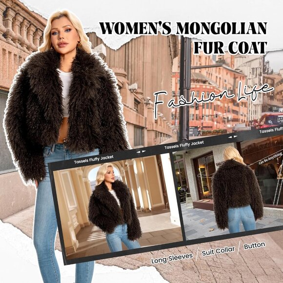 Women's Faux Fur Coat Coffee Slim Cropped Fuzzy Fluffy Fall Winter Jacket - Picture 3 of 4